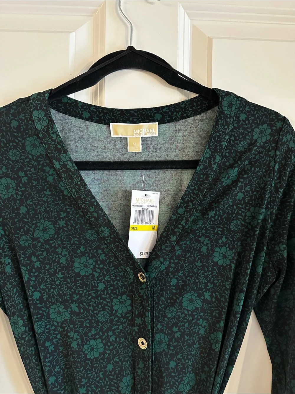 Michael Kors Dark Green Floral Button-Front Long Sleeve Dress